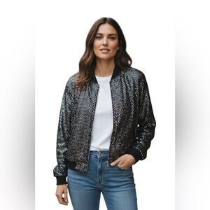 LuLaRoe Elegant 3XL Sequin Metallic Bomber Jacket Black Zip Up